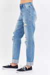 Judy Blue Full Size Distressed Straight Jeans with Patch Pockets Jeans Trendsi   