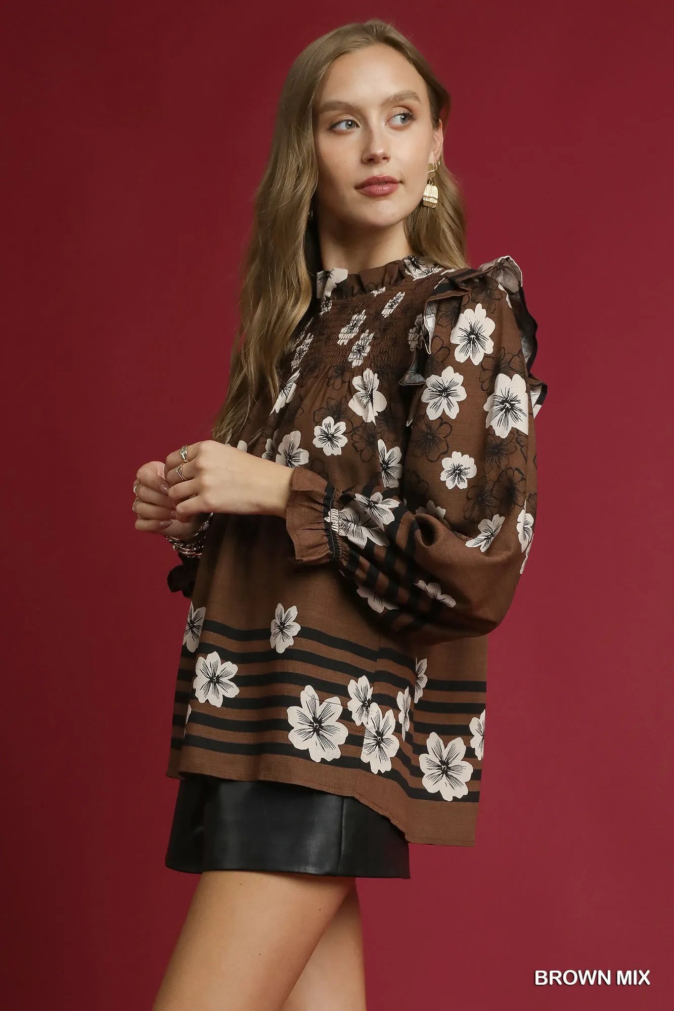 Umgee Full Size Floral Smocked Ruffle Blouse Boho Chic Plus Size Top - NeoKira Unlimited