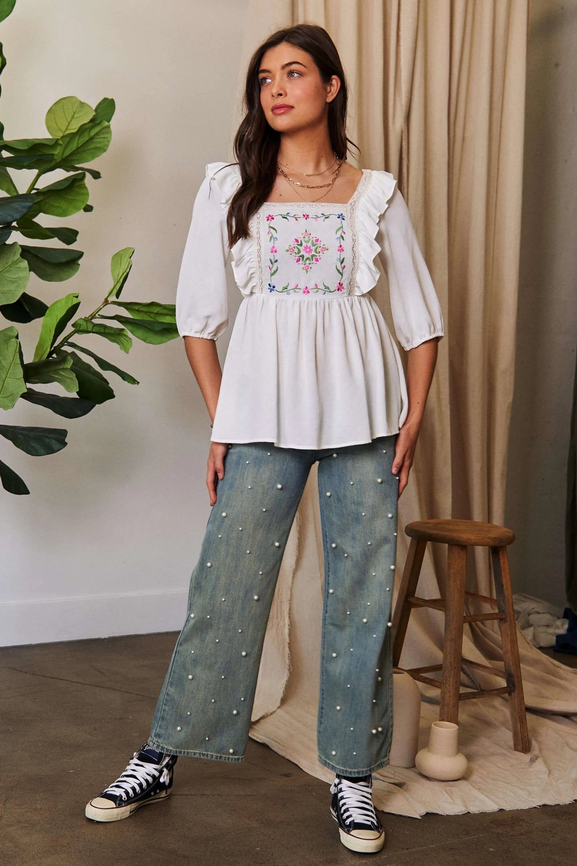 Davi & Dani Texture Tie Back Floral Embroidery Frill Romantic Blouse - NeoKira Unlimited