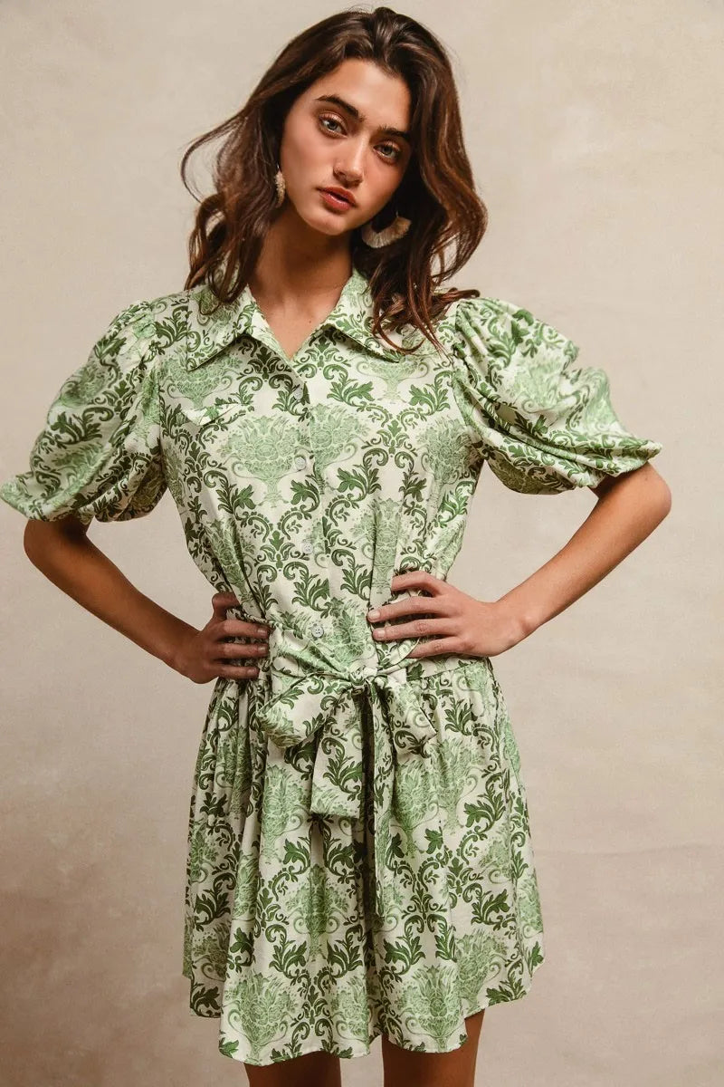 BiBi Tied Floral Short Sleeve Mini Shirt Dress - NeoKira Unlimited
