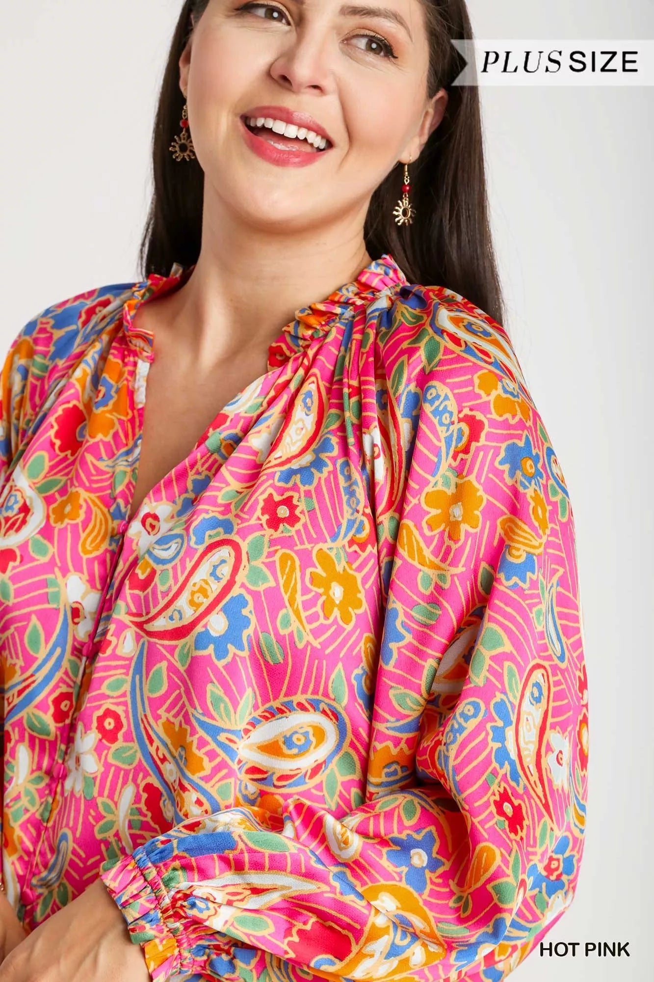 Umgee Boho Luxe Plus Size Satin Paisley Ruffle Neck Button Up Shirt - NeoKira Unlimited