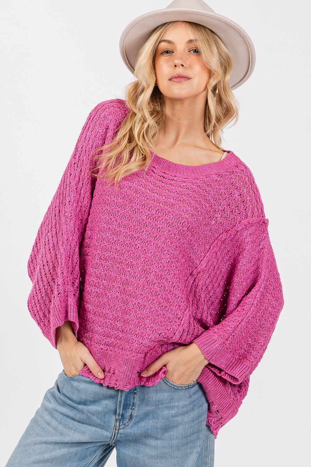 SAGE + FIG Distressed Asymmetrical Open Stitch Sweater - NeoKira Unlimited