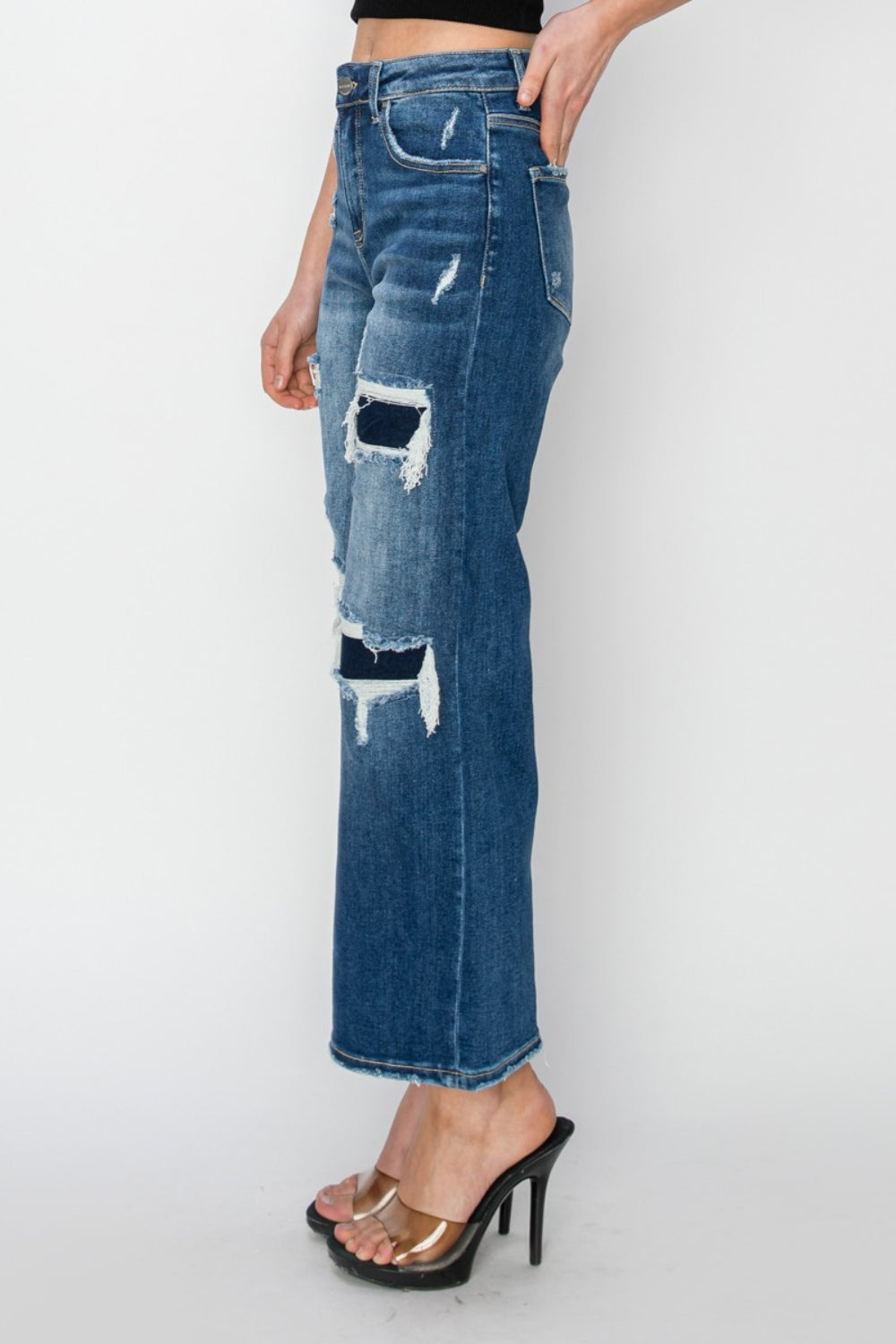 Risen Full Size High Rise Patch Detailed Wide Leg Crop Jeans Jeans Trendsi   