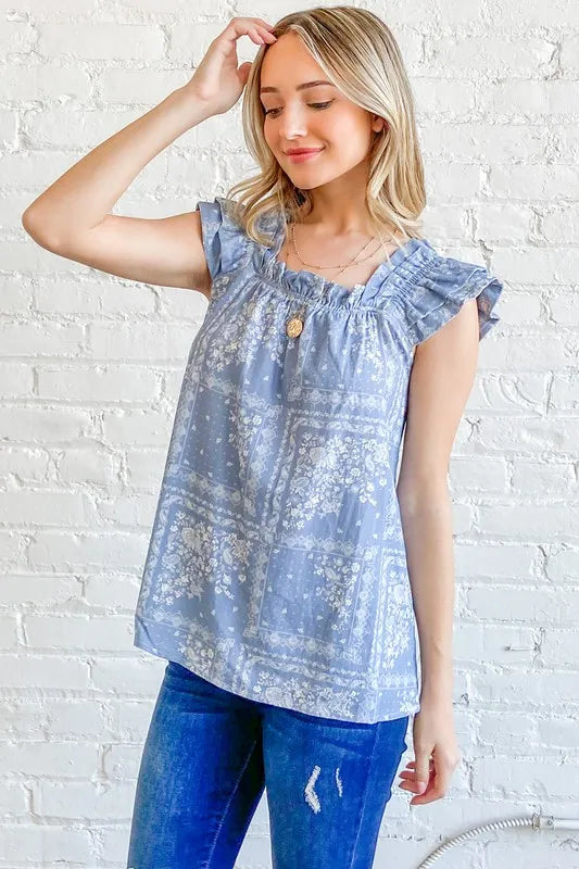 And The Why Boho Print Rayon Linen Ruffle Baby Doll Tank Top - NeoKira Unlimited