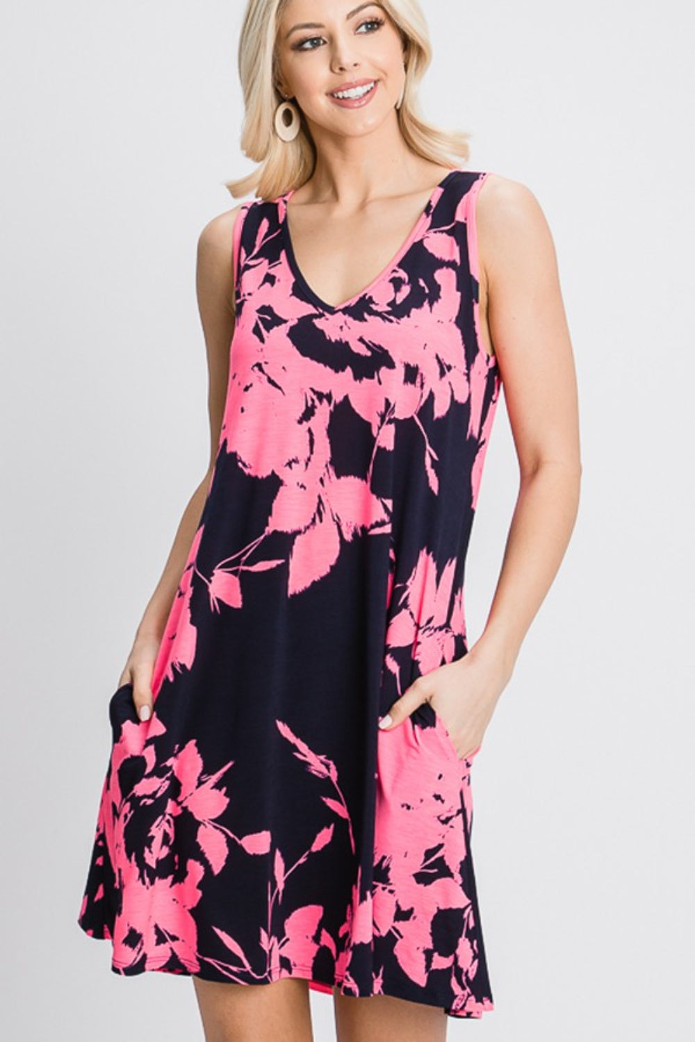 Heimish Full Size Floral V-Neck Tank Dress with Pockets Mini Dress Trendsi   