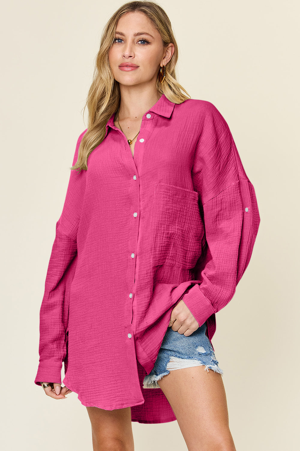Double Take Full Size Pocketed Texture Button Up Shirt - NeoKira Unlimited