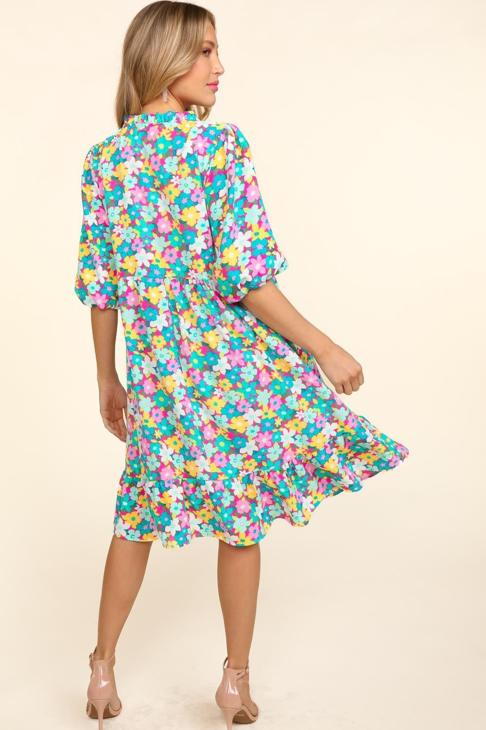 Haptics Bubble Sleeve Floral Ruffled Dress - NeoKira Unlimited