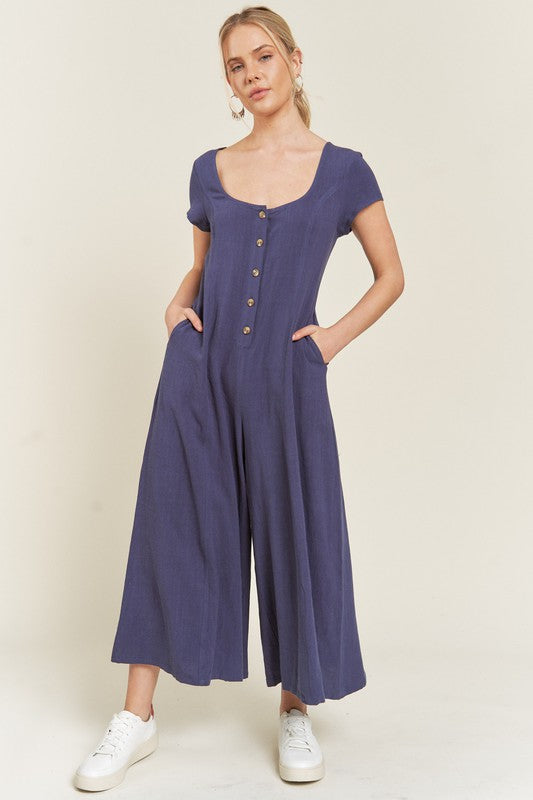 Jade By Jane Chic Linen Blend Scoop Neck Button Down Jumpsuit - NeoKira Unlimited