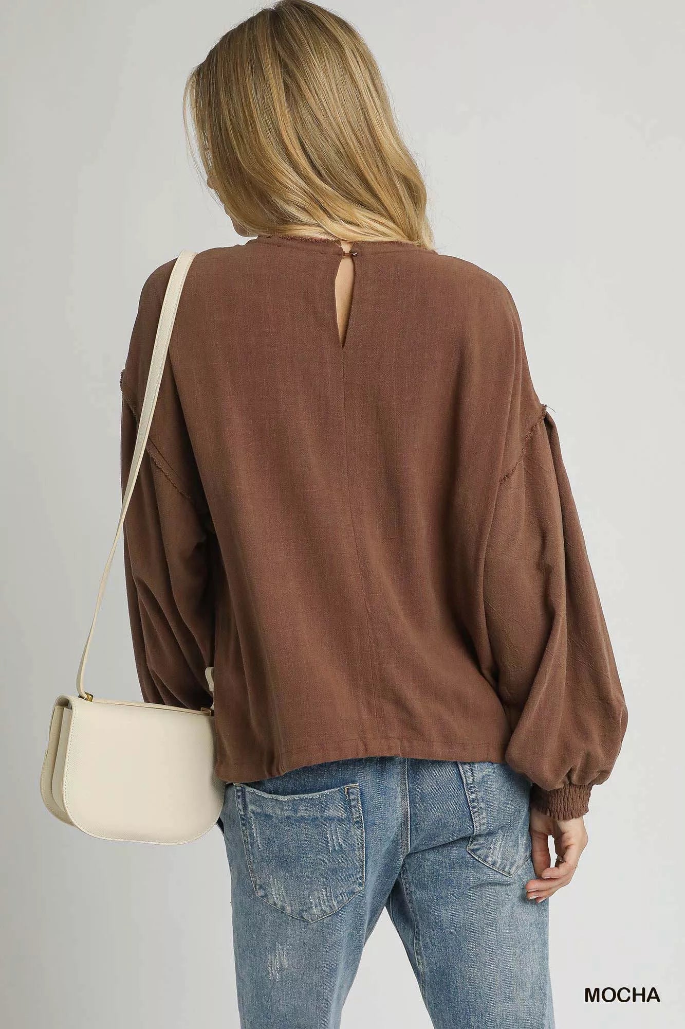 Umgee Natural Minimalist Linen Long Sleeve Top with Drawstring - NeoKira Unlimited