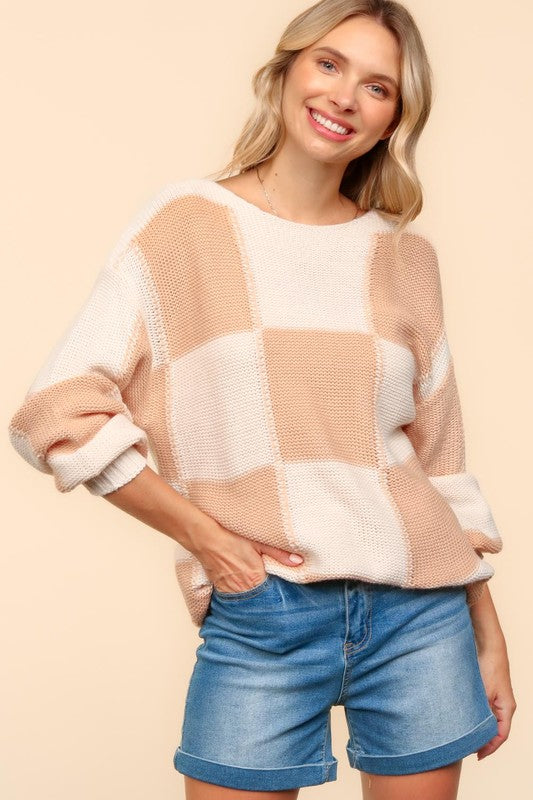 Haptics Full Size Checkered Round Neck Drop Shoulder Sweater - NeoKira Unlimited