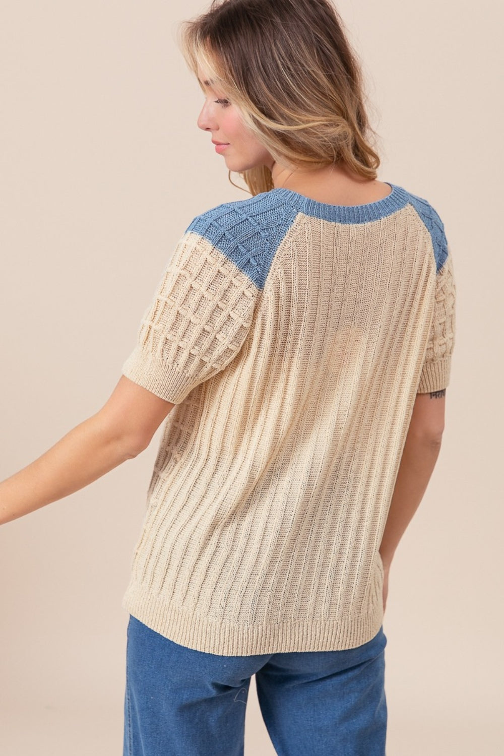 BiBi Textured Contrast Short Sleeve Sweater Sweater Trendsi   