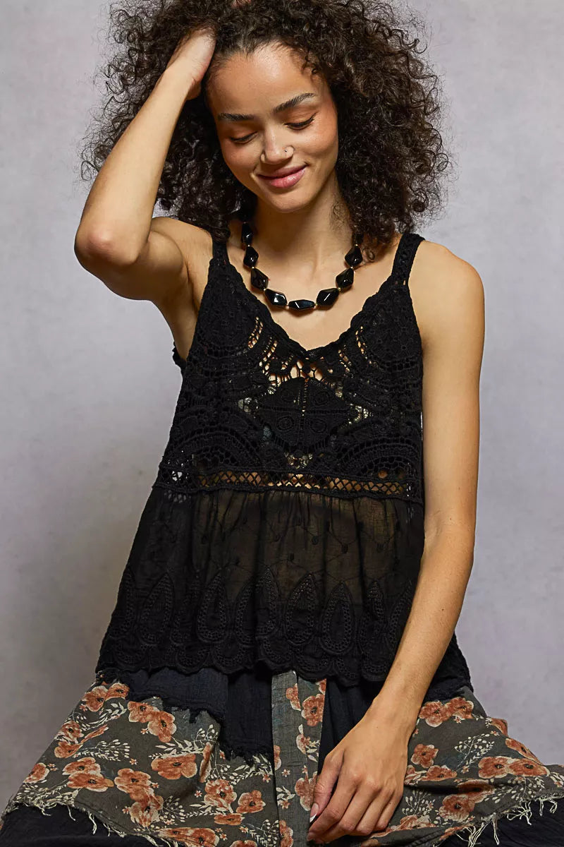 POL V-Neck Crochet Tank with Floral Embroidery Boho Chic Style - NeoKira Unlimited