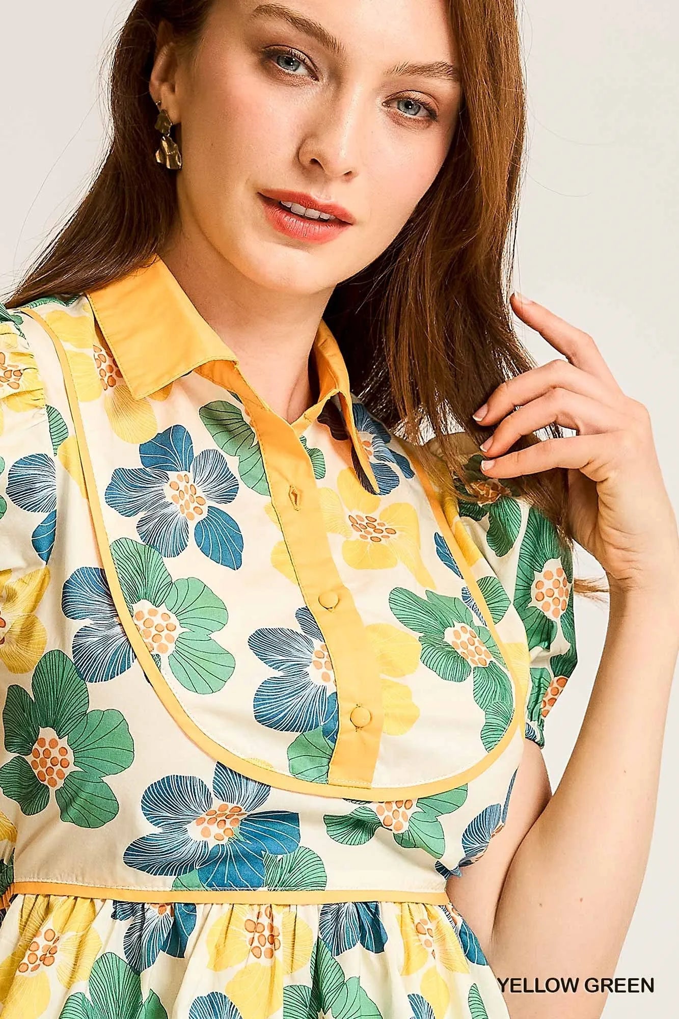 Umgee Green Leaf Print Cropped Blouse With Puff Sleeves - NeoKira Unlimited
