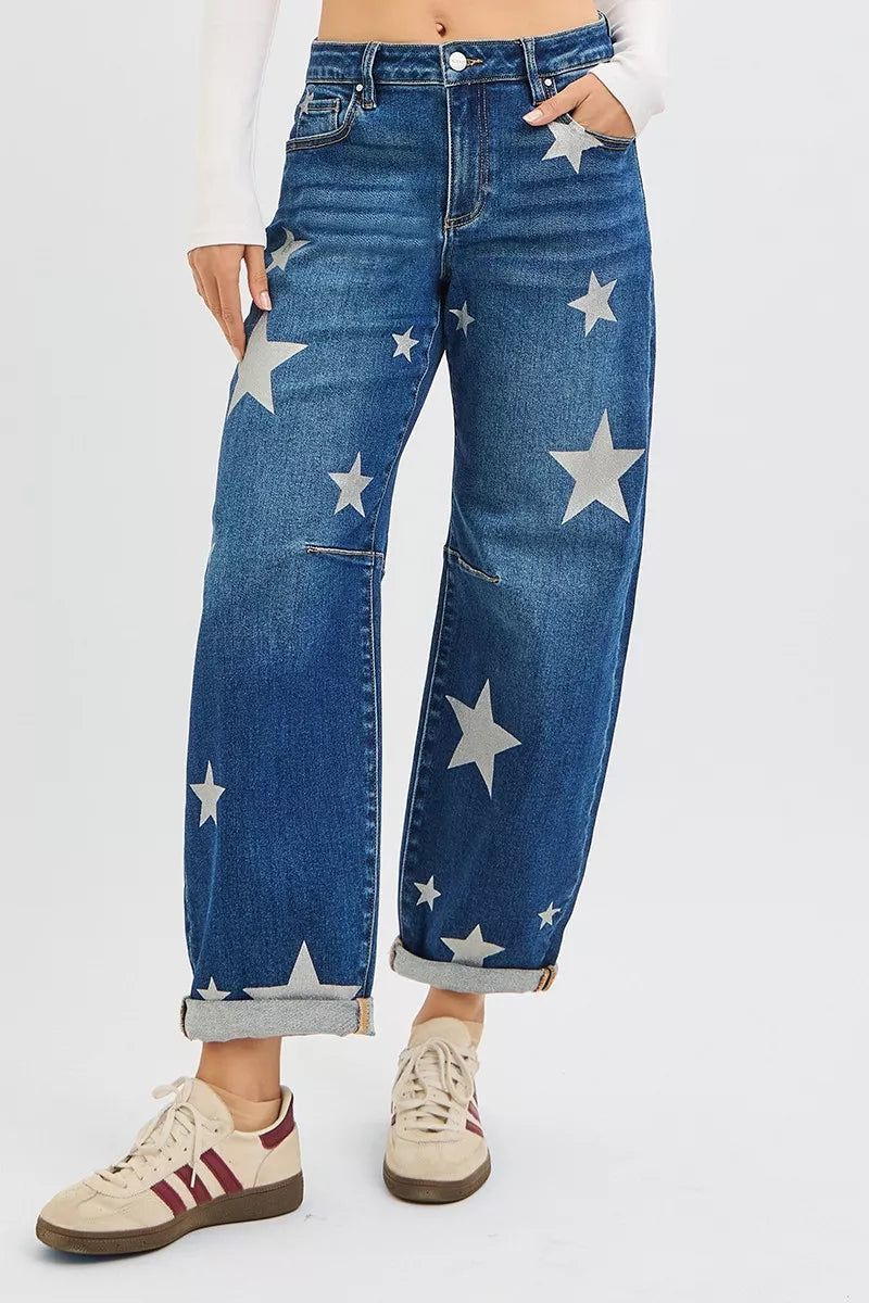 RISEN Mid Rise Ankle Length Relaxed Barrel Star Printed Jeans - NeoKira Unlimited