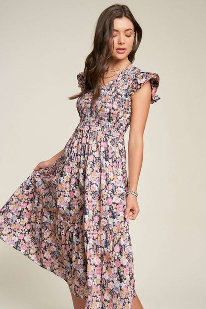 Vintage Garden Floral Flutter Smocking Midi Dress - NeoKira Unlimited