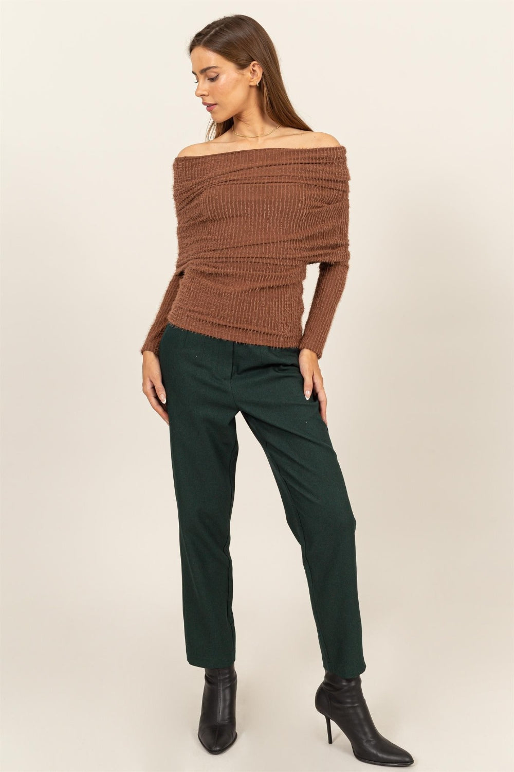 HYFVE Fuzzy Off Shoulder Textured Knit Top Top Trendsi   