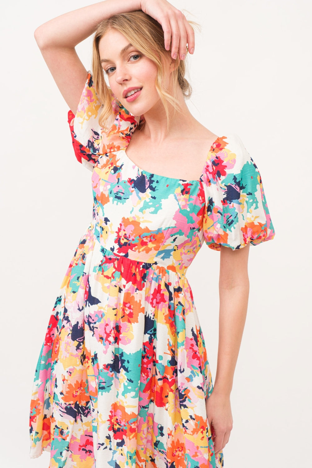 And The Why Square Neck Puff Sleeve Floral Dress Mini Dress Trendsi   