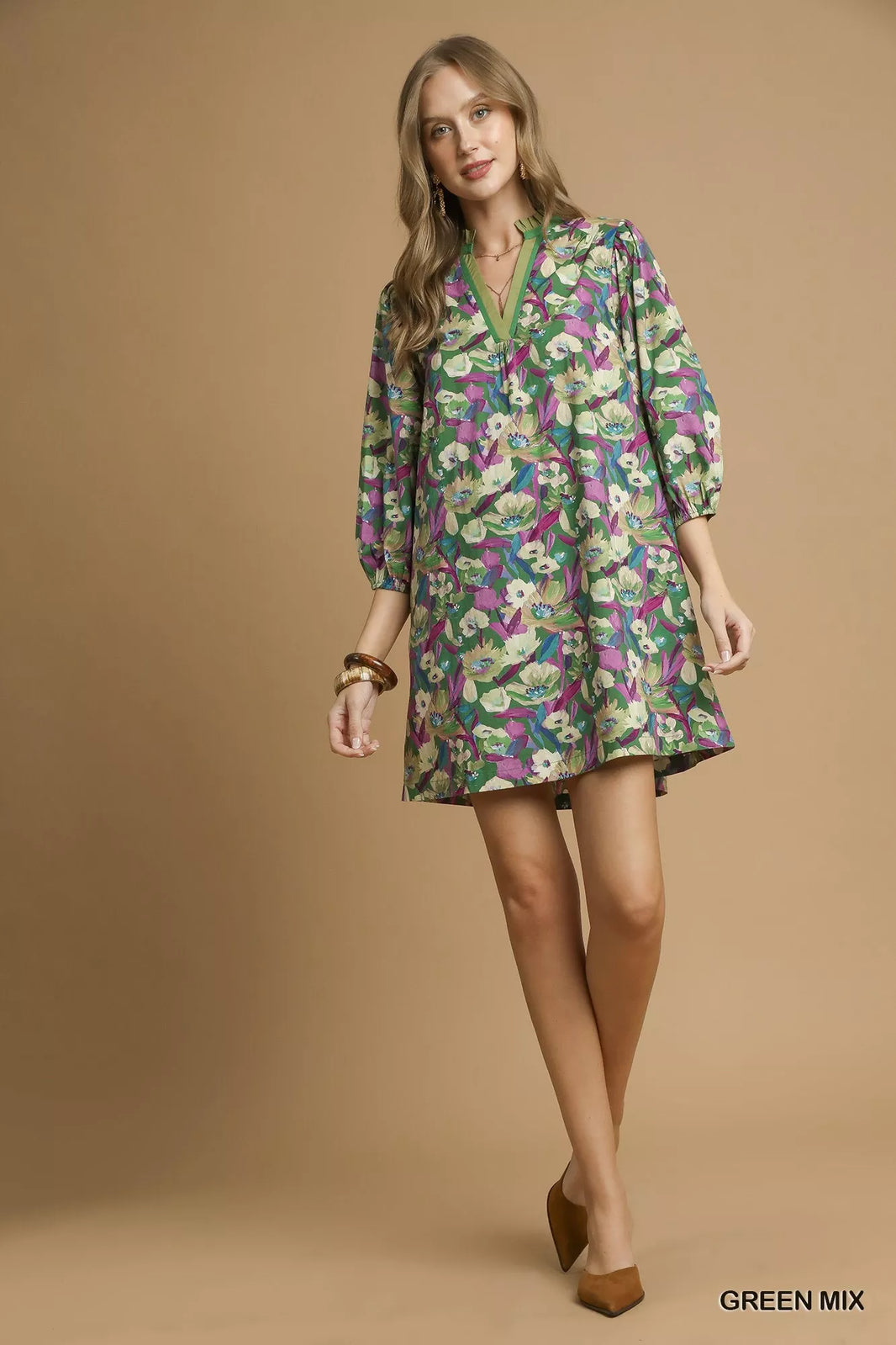 Umgee Boho Floral Balloon Sleeve Mini Dress Casual Shirt Style - NeoKira Unlimited