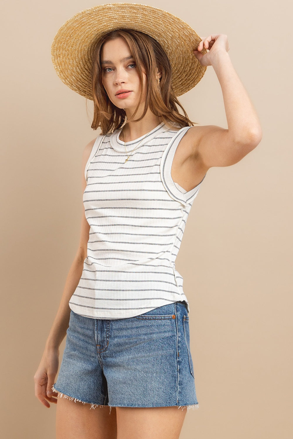 Ces Femme Striped Round Neck Tank Tank Top Trendsi   