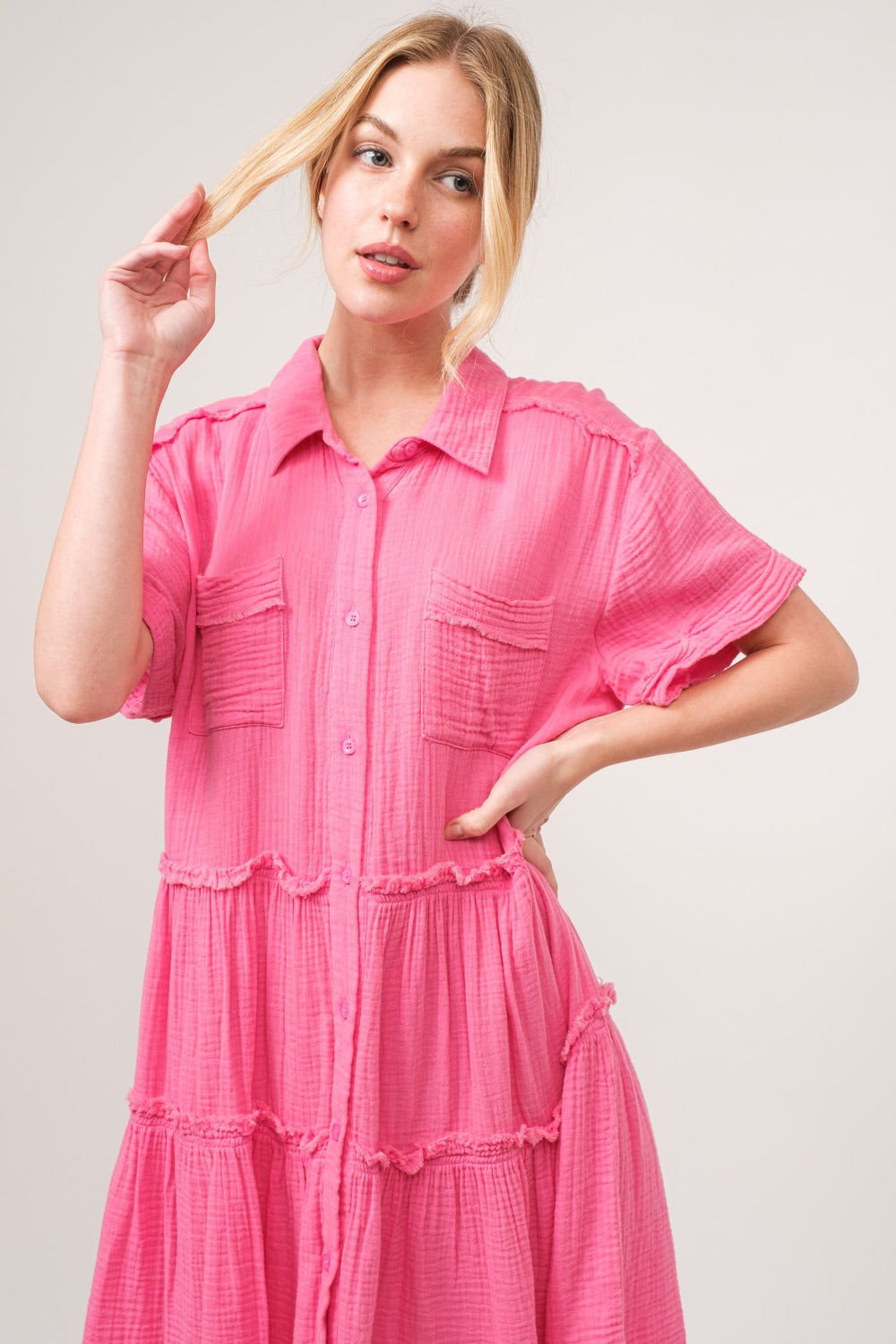 And The Why Full Size Raw Edge Washed Tiered Shirt Dress - NeoKira Unlimited