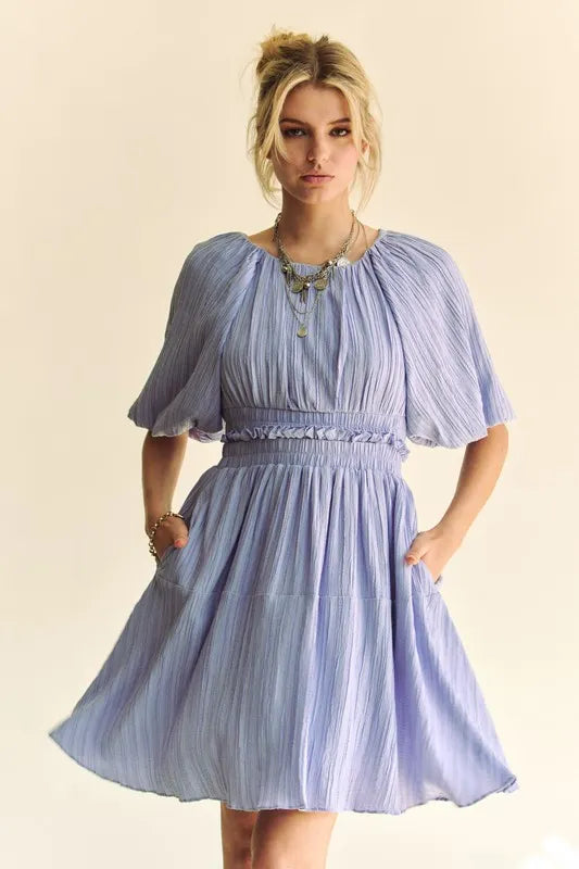 Davi & Dani Back Button Puff Sleeve Mini Dress - NeoKira Unlimited