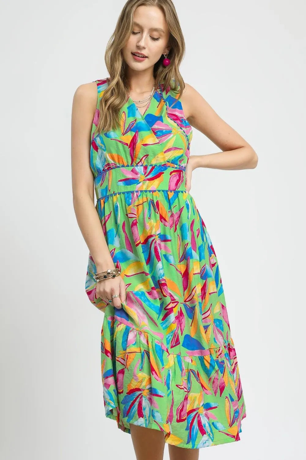 Umgee Tropical Paradise Ruffled Hem Printed Sleeveless Midi Dress - NeoKira Unlimited