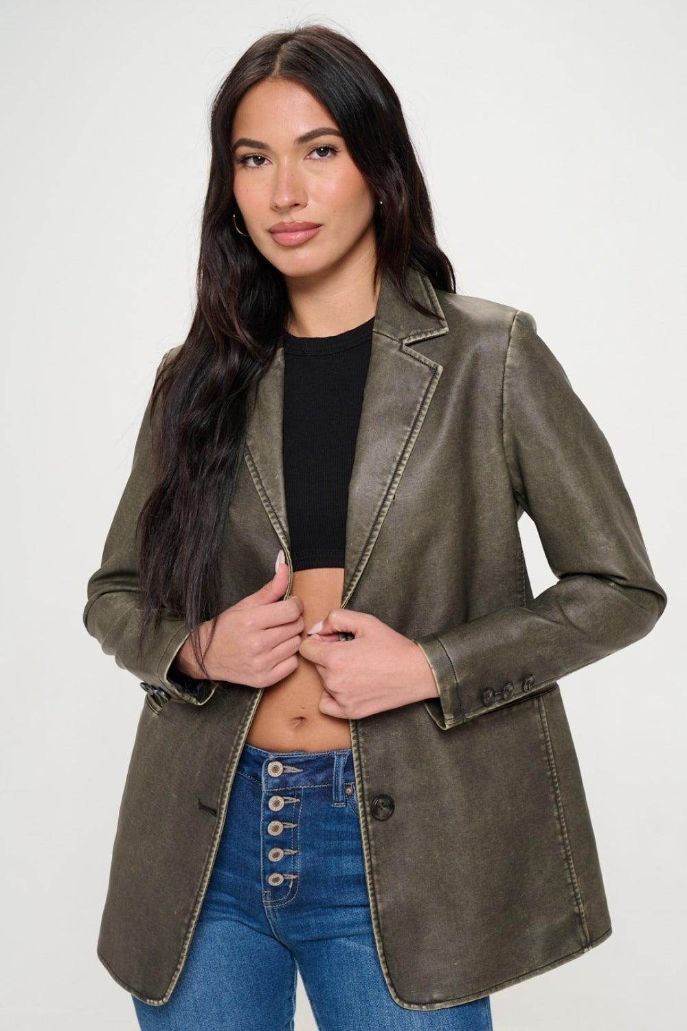 Coalition LA Single-Breasted Vegan Leather Blazer Blazer Trendsi   