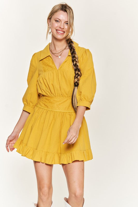 Jade By Jane PLUS SIZE Eyelet Detail 3/4 Sleeve Short Dress Mini Dress Jade By Jane MUSTARD 1X 