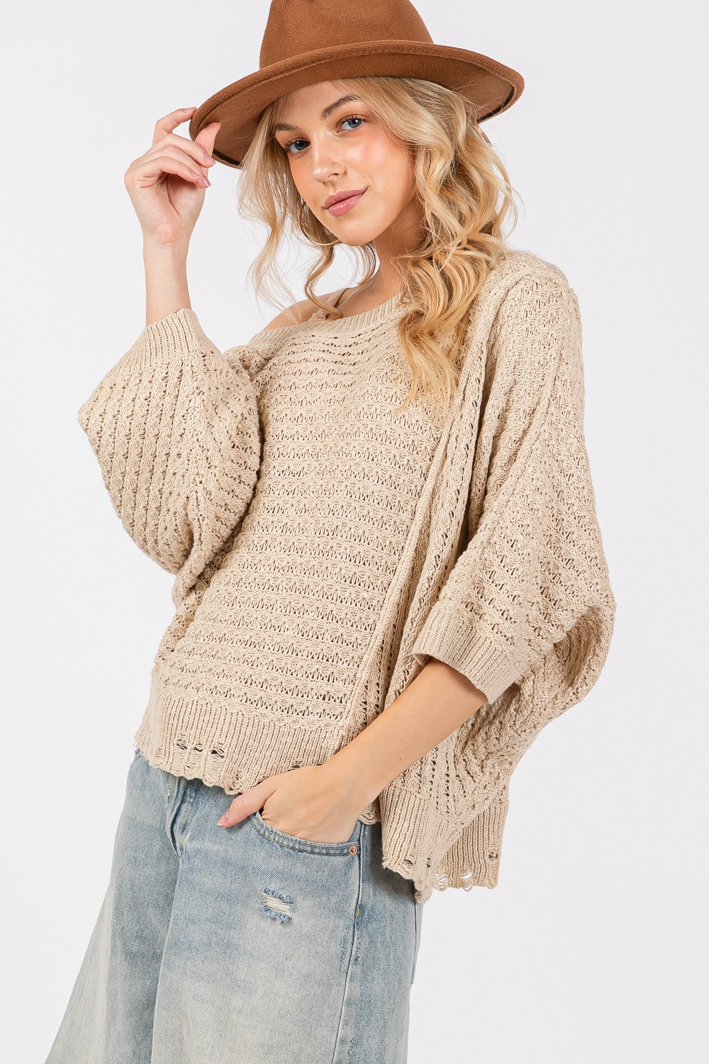SAGE + FIG Distressed Asymmetrical Open Stitch Sweater - NeoKira Unlimited