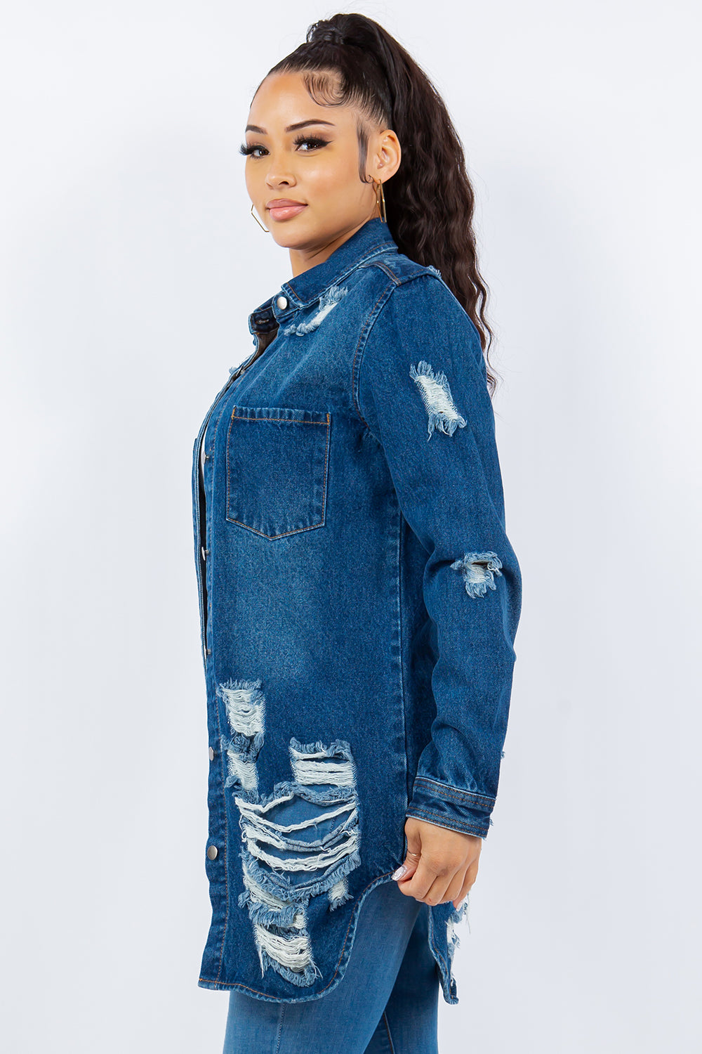 American Bazi Distressed Button Up Long Sleeve Denim Jacket - NeoKira Unlimited