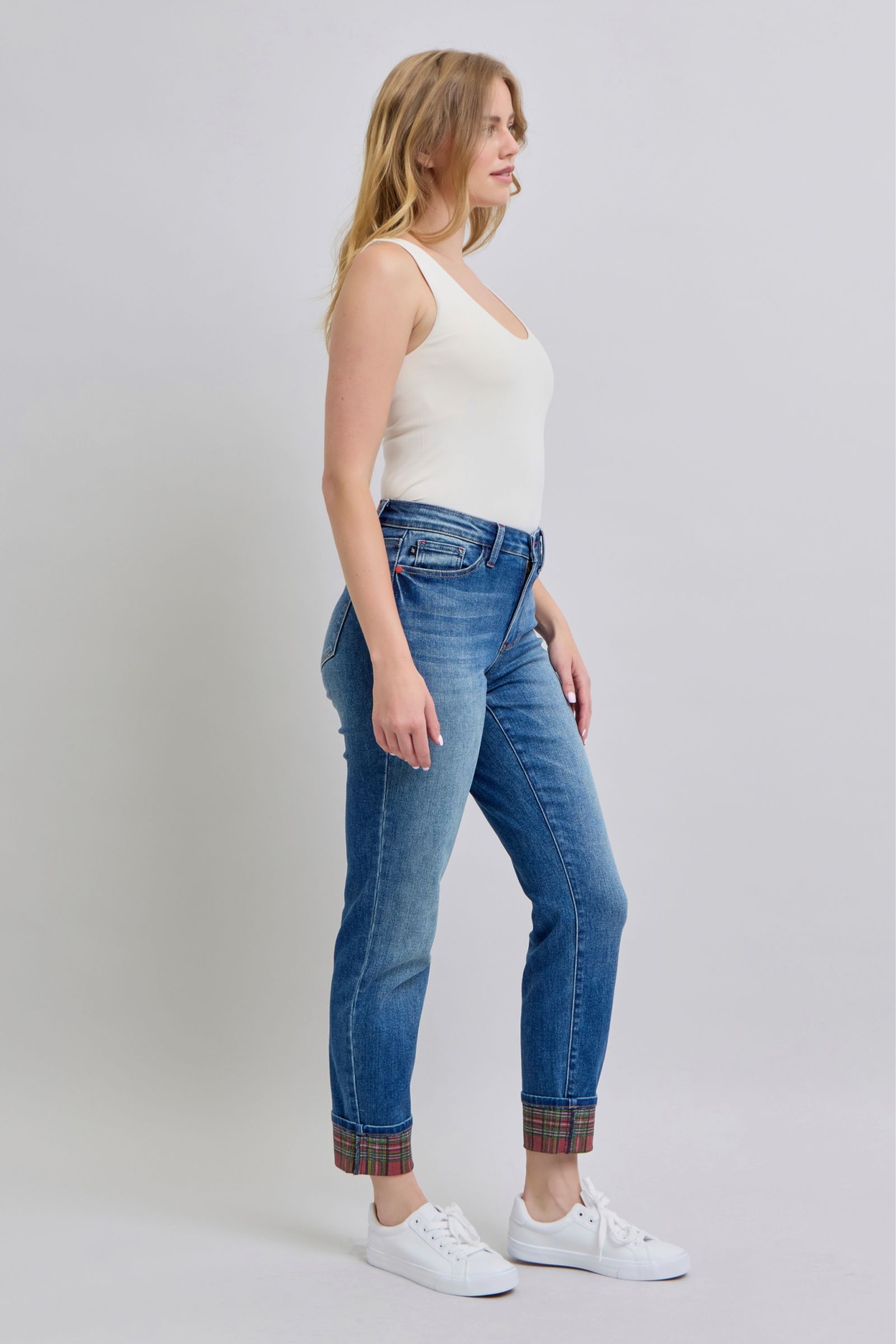 Judy Blue Full Size Plaid Print Cuff Straight Leg Jeans with Pockets - NeoKira Unlimited