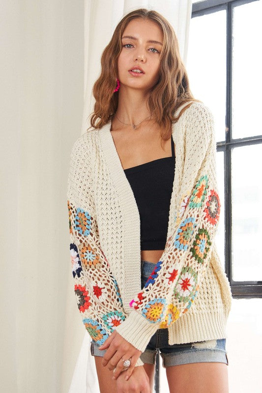 ADORA Full Size Contrast Crochet Open Front Long Sleeve Cardigan - NeoKira Unlimited