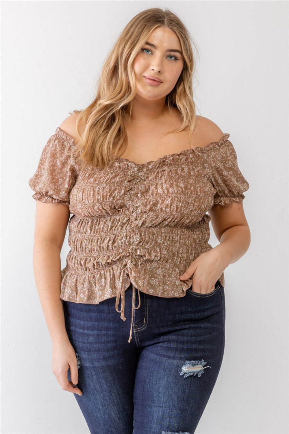 Zenobia Plus Size Frill Ruched Off-Shoulder Short Sleeve Blouse Top Trendsi Mocha 1XL 