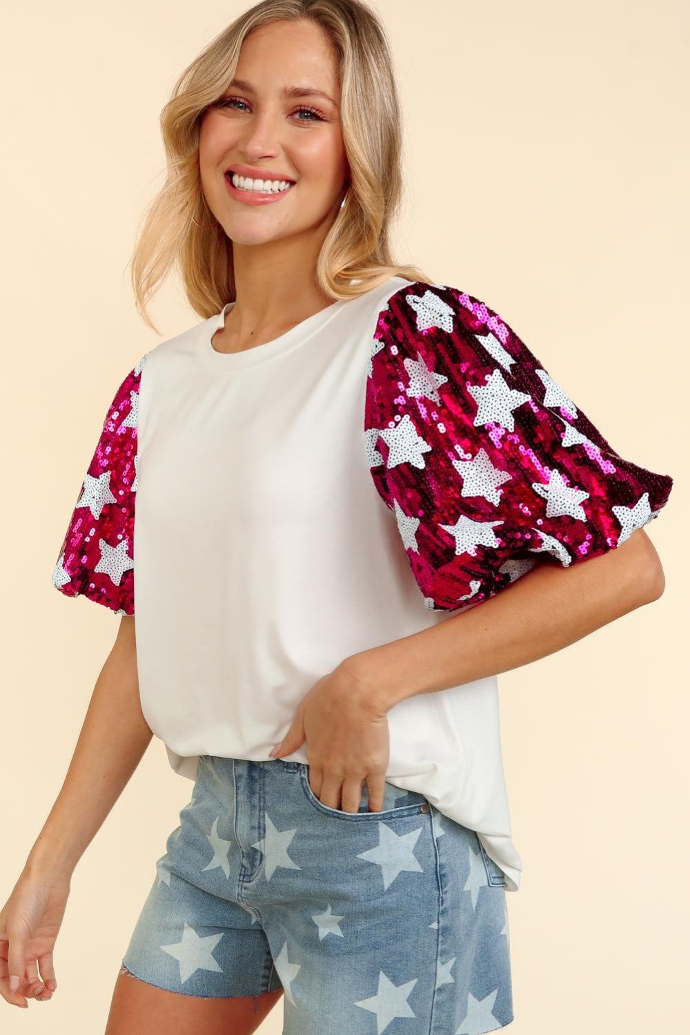 Haptics Star Sequin Bubble Short Sleeve Top Top Trendsi White/Magenta S 