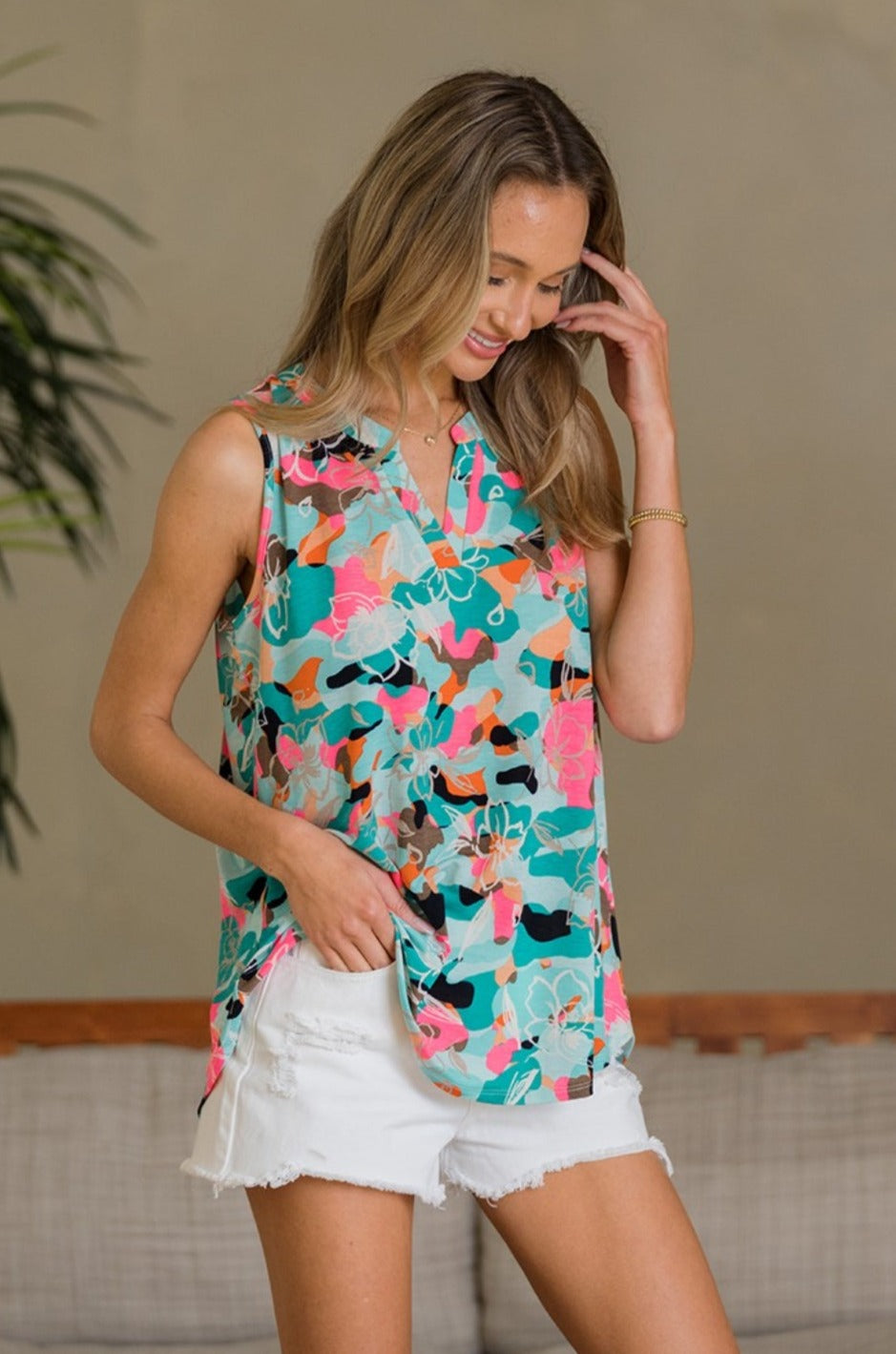 Sew In Love Wrinkle-Free Floral Notched Tank - NeoKira Unlimited