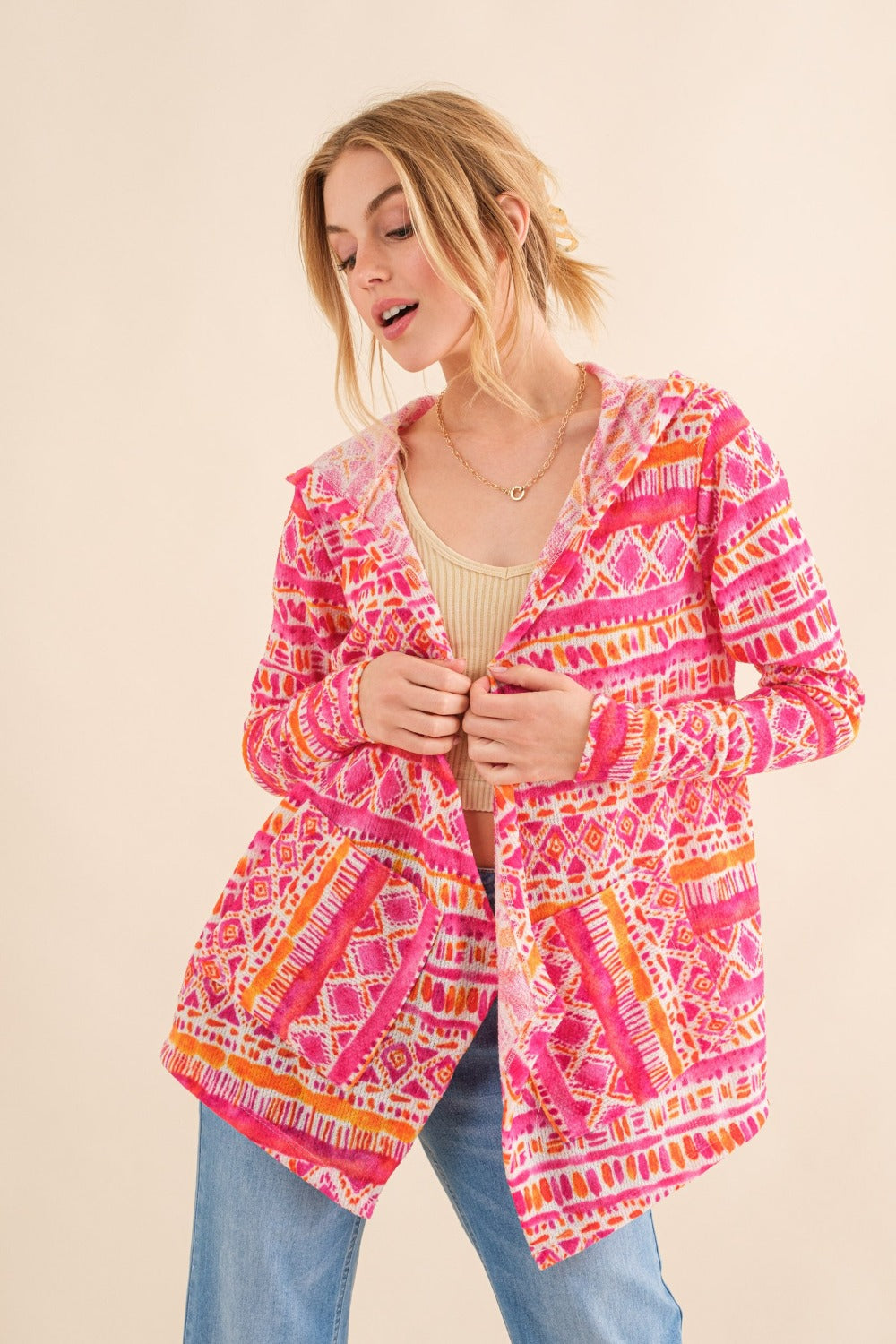 And The Why Full Size Printed Thermal Hooded Open Front Cardigan - NeoKira Unlimited