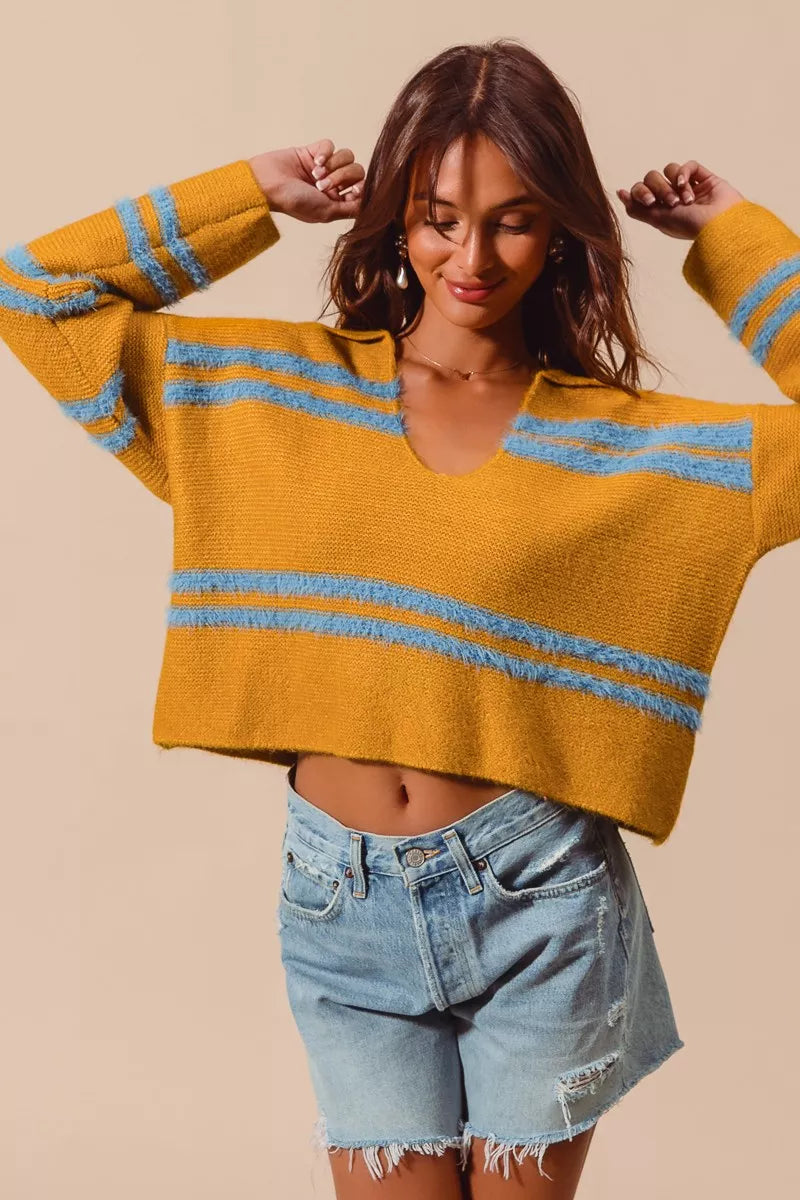 SO ME Fuzzy Hairy Stripe Deep U Neck Oversized Sweater - NeoKira Unlimited