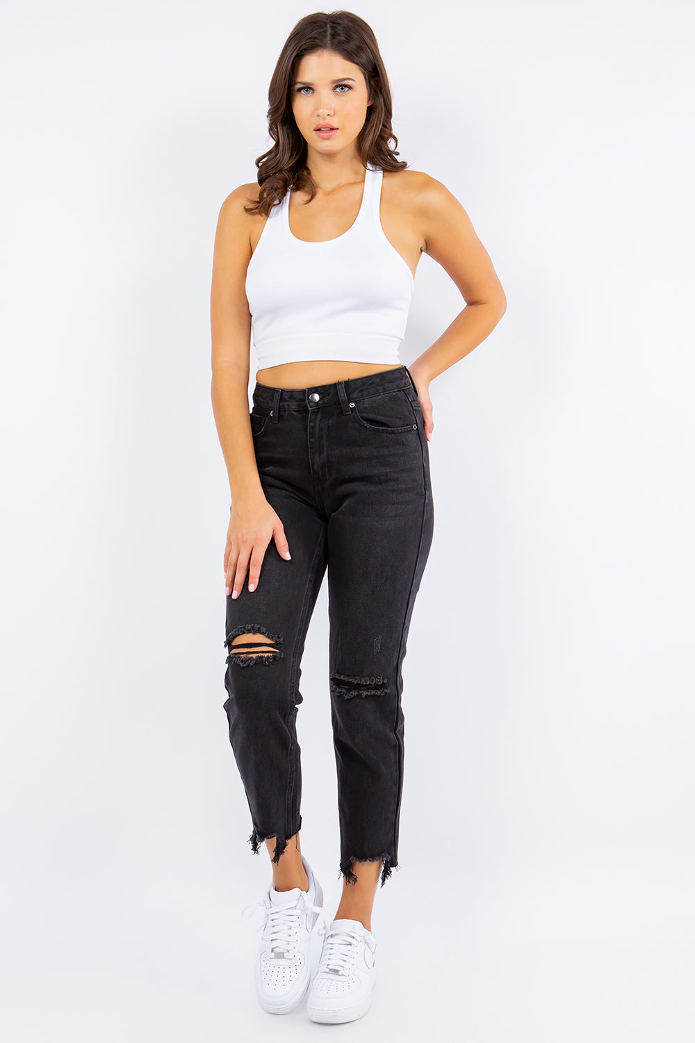 American Bazi High Waist Distressed Cropped Straight Jeans Jeans Trendsi   