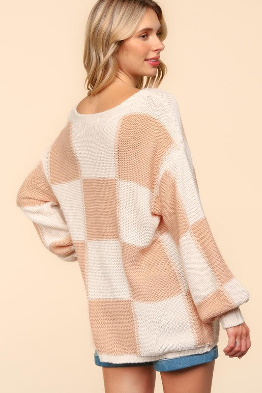 Haptics Full Size Checkered Round Neck Drop Shoulder Sweater - NeoKira Unlimited