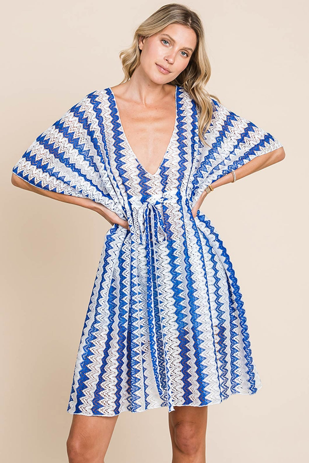 Cotton Bleu by Nu Lab Tied Striped Plunge Half Sleeve Cover-Up Cover Up Trendsi Royal Blue S 