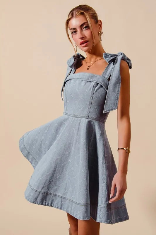 SO ME A Line Fit and Flare Diamond Bow Ribbon Denim Dres - NeoKira Unlimited