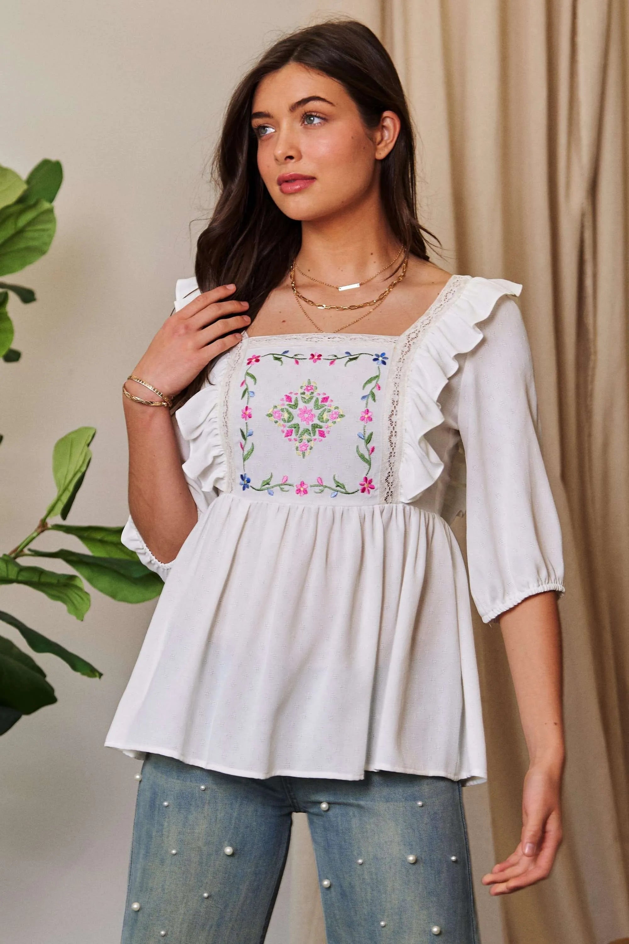 Davi & Dani Texture Tie Back Floral Embroidery Frill Romantic Blouse - NeoKira Unlimited