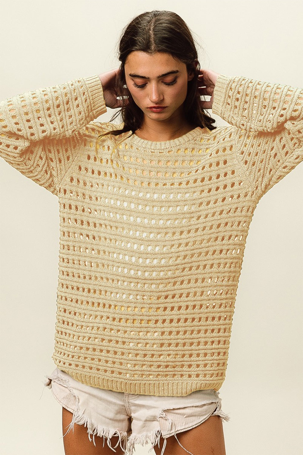 BiBi Round Neck Openwork Knit Cover Up - NeoKira Unlimited