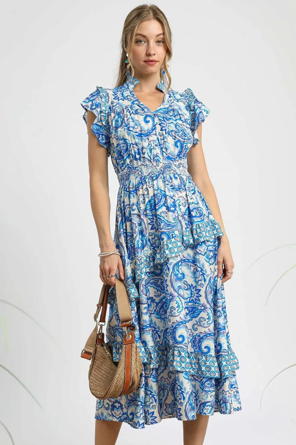 Umgee Boho Paisley Midi Dress with Ruffle Sleeves Smocked Waist - NeoKira Unlimited