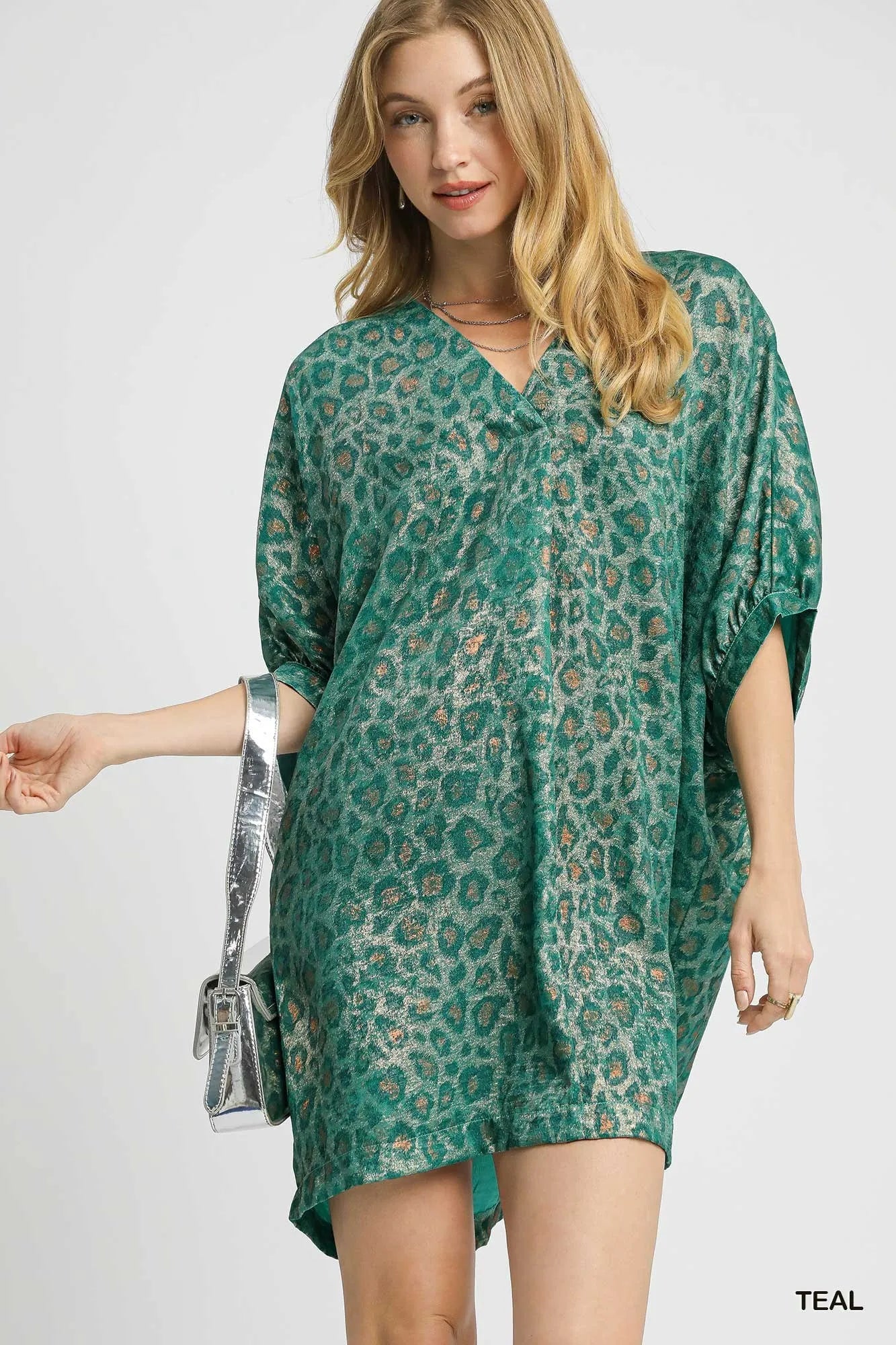 Umgee Metallic Leopard Print V Neck Kimono Dress Bold Glam Style - NeoKira Unlimited