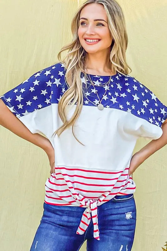 And The Why American Flag Print Tie Knot Front Casual Top - NeoKira Unlimited