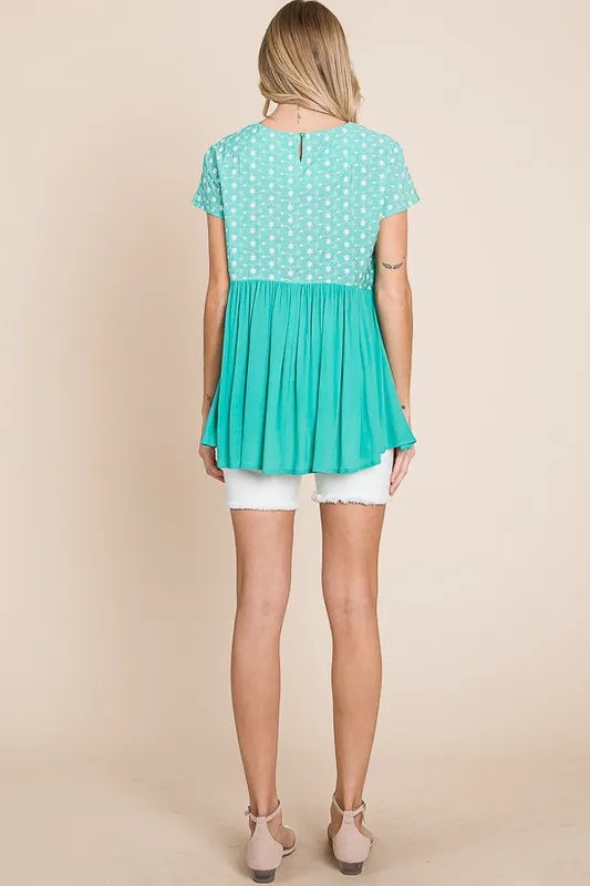 Lime 'N' Chili Full Size Embroidered Short Sleeve Pleated Babydoll Top Plus Size - NeoKira Unlimited