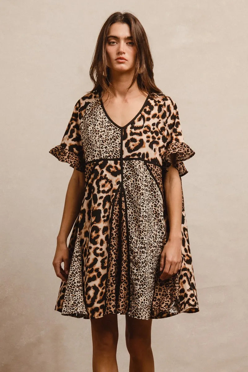 BiBi Leopard Print Mini Dress – V-Neck Flutter Sleeve Belted Fit - NeoKira Unlimited