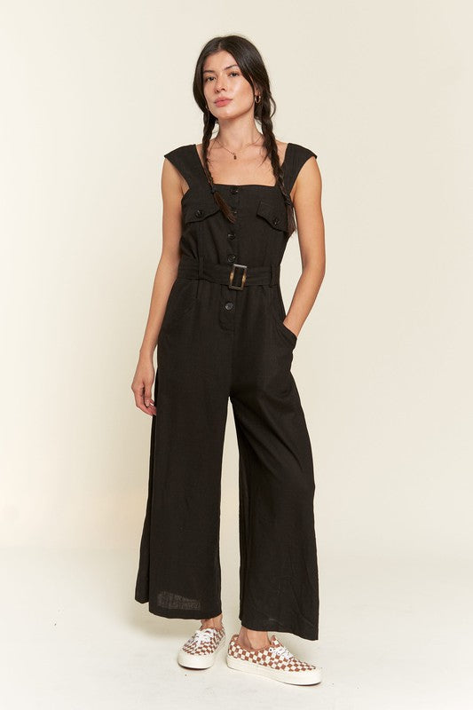 Jade By Jane Sleeveless Square Neck Button Down Ankle Jumpsuit Jumpsuits Jade By Jane BLACK S 