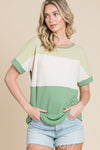 BOMBOM Color Block Short Sleeve T-Shirt T-Shirt Trendsi Green Multi S 